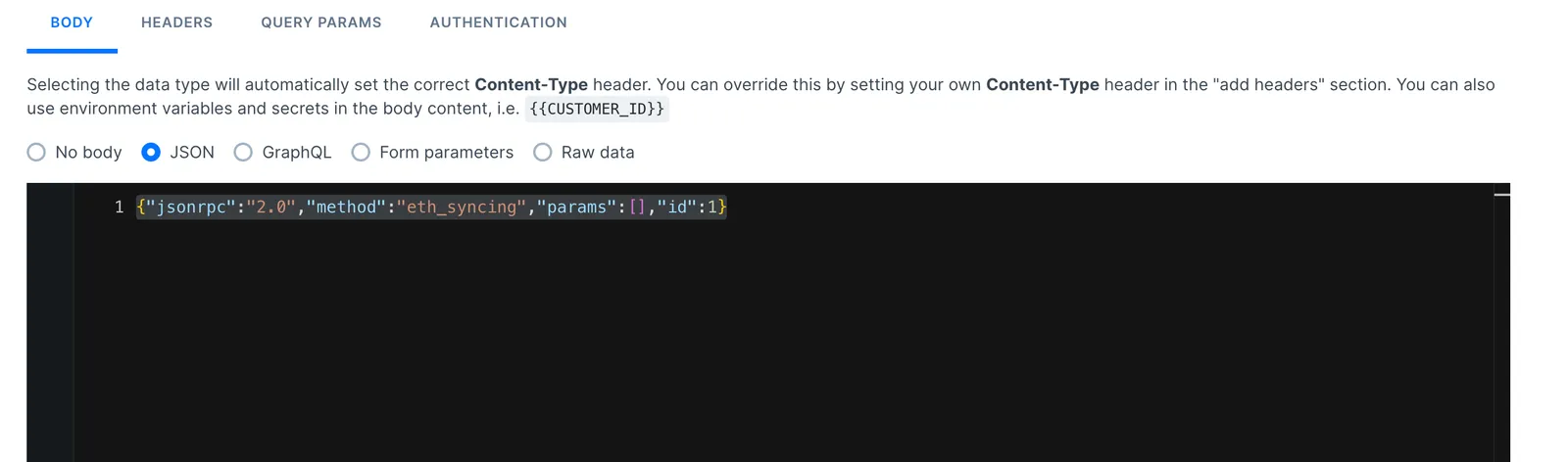 JSON body in editor